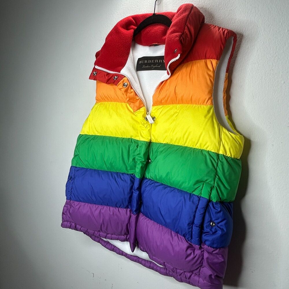 RARE Burberry Rainbow Stripe Down Filled Quilted Puffer Vest Concealed Zip S - Picture 3 of 13